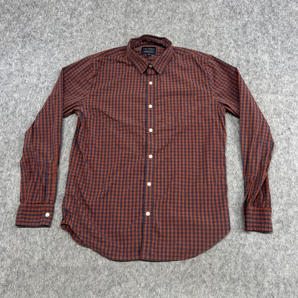 Lucky Brand Shirt Mens M Blue Orange Check Slim Fit Saturday Stretch Long Sleeve